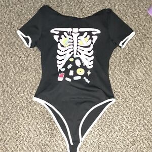 ROMWE Black and White Skeleton Bodysuit W/ Hood